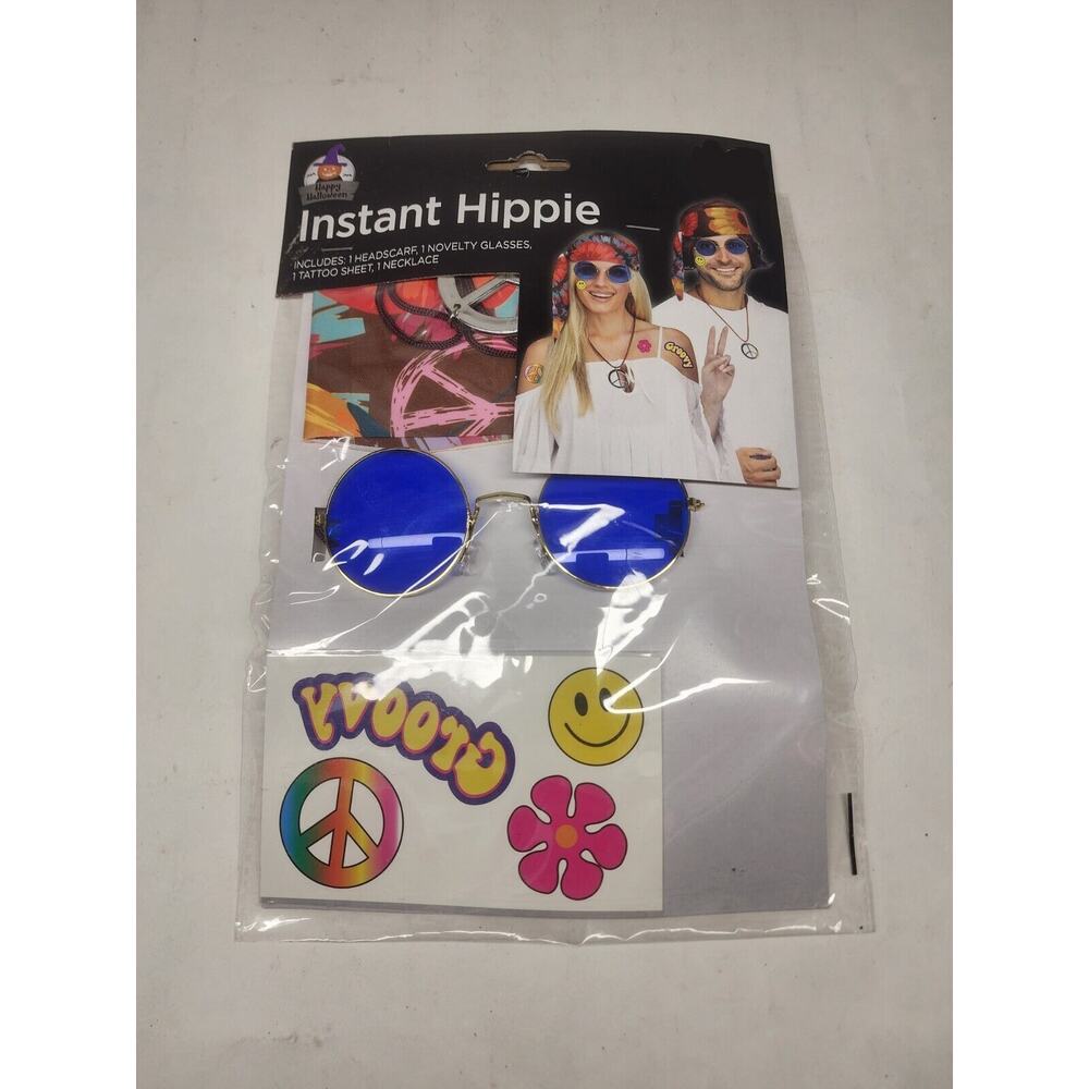 Instant Hippie HeadScarf, Glasses, Temp Tat sheet Halloween costume Accessory